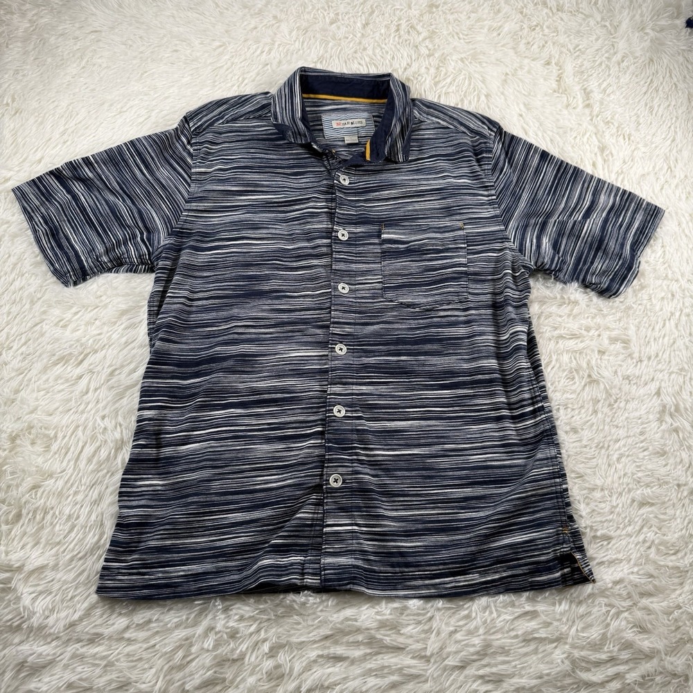 32 BAR BLUES Shirt Mens Large Blue Striped Knit Short Sleeve Button Up